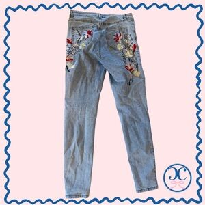 SHEIN Light Blue Jeans with Red Floral Embroidery